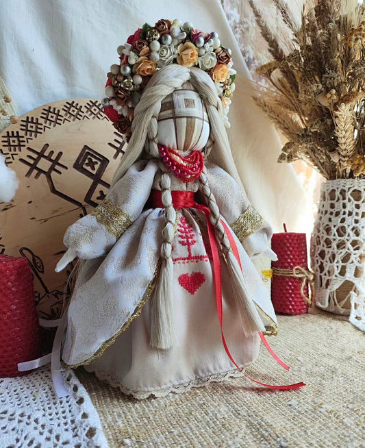 Handmade Motanka Doll as Ukrainian Talisman for Protection and Prosperity, Cultural Souvenir with Traditional Attire and Floral Crown