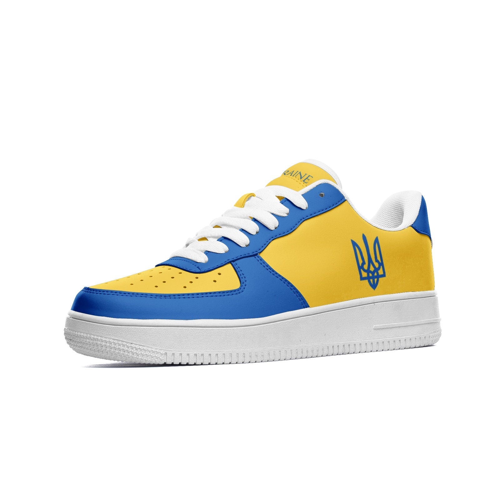 Custom Ukraine flag leather sneakers with trident design and blue accents, showcasing Ukrainian pride and comfort.