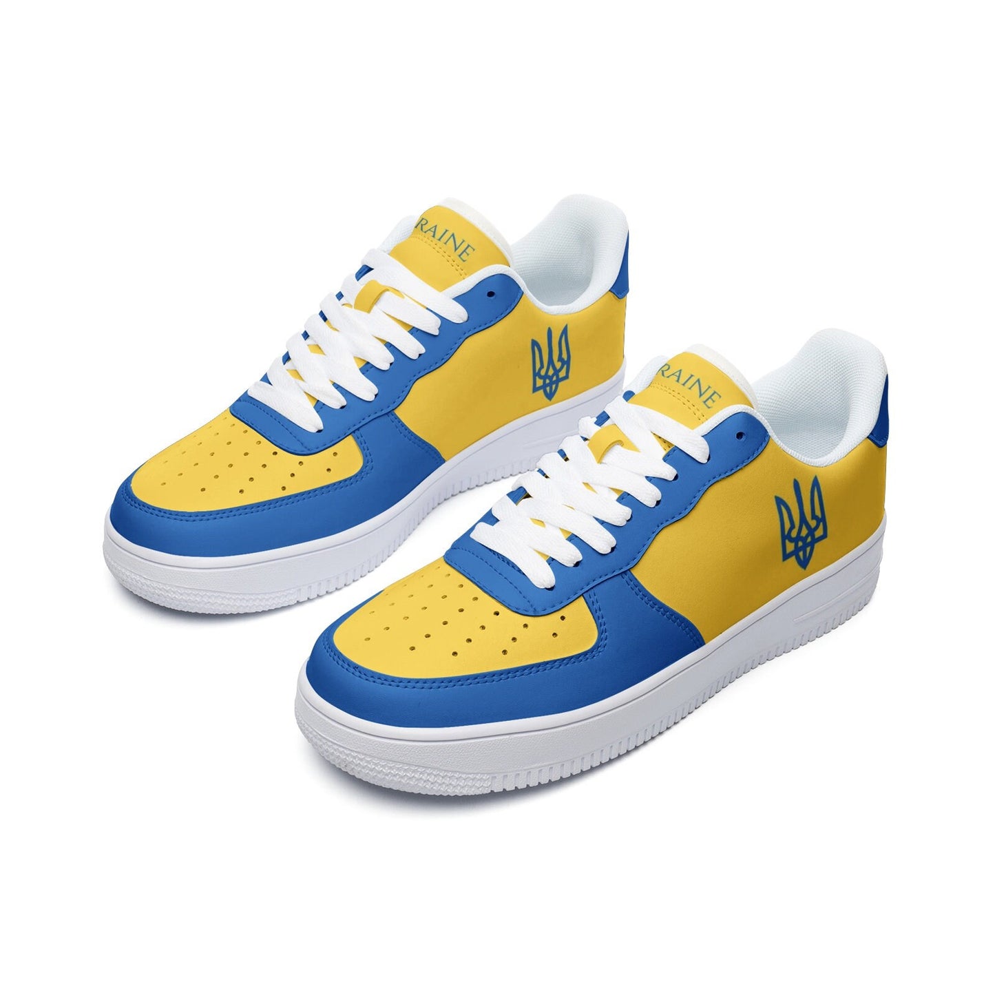 Custom Ukraine flag leather sneakers with trident design, blue and yellow colors, unisex shoes, cultural Ukrainian gift.