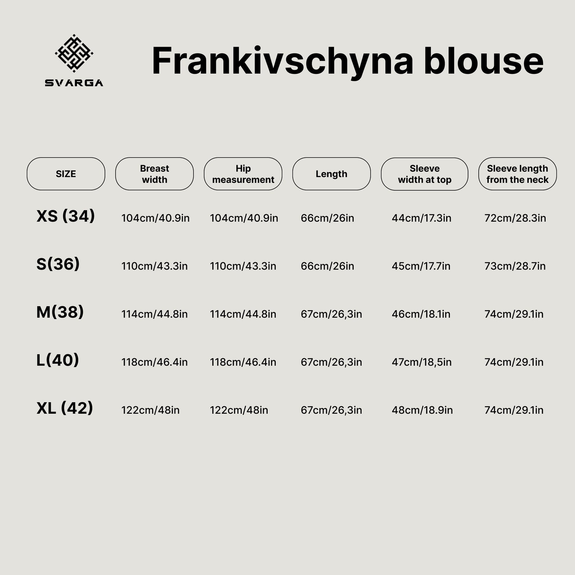 Size chart for Frankivschyna blouse with measurements in centimeters and inches for sizes XS to XL.