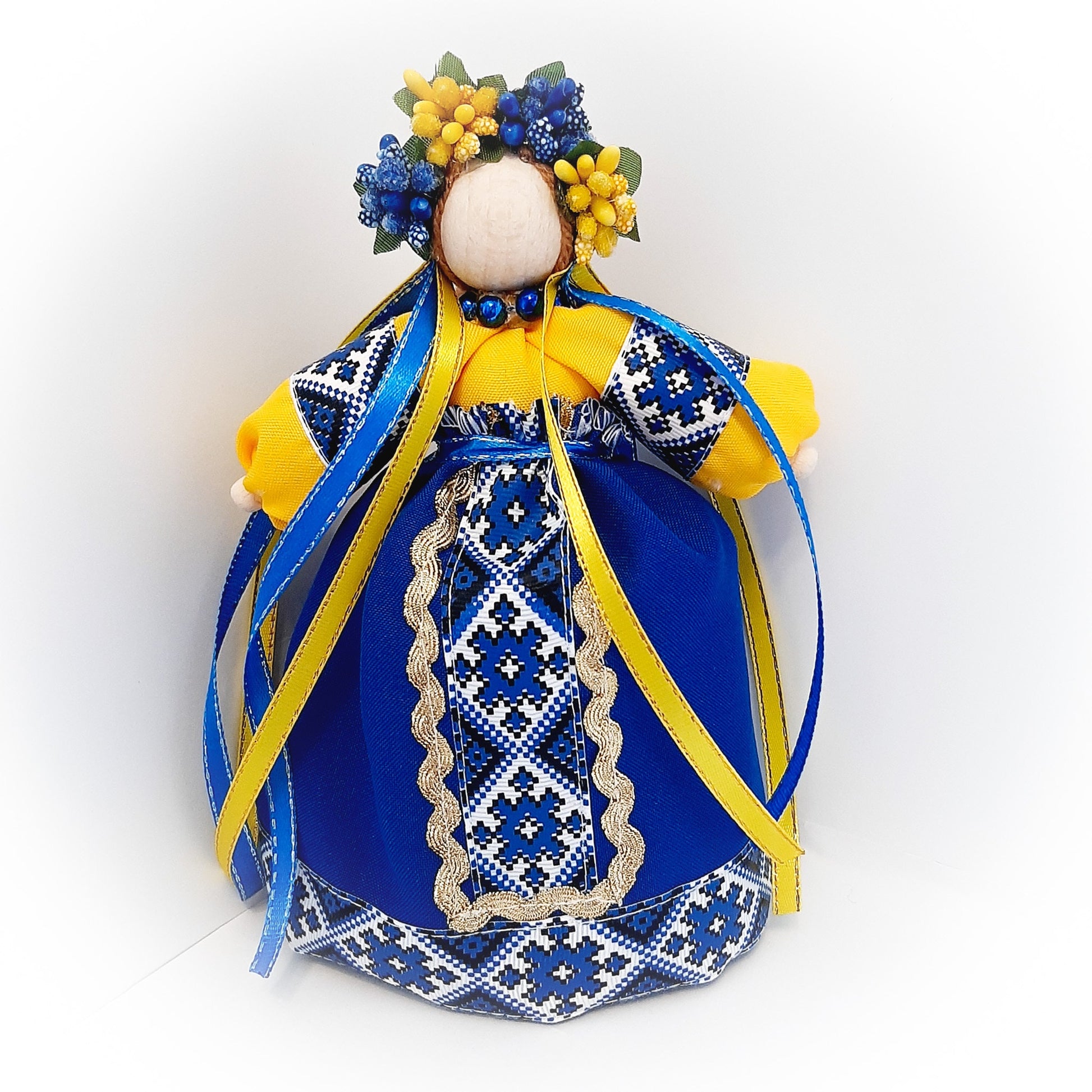 Ukrainian Motanka Doll Amulet in blue and yellow, symbolizing home protection and prosperity, perfect housewarming gift.