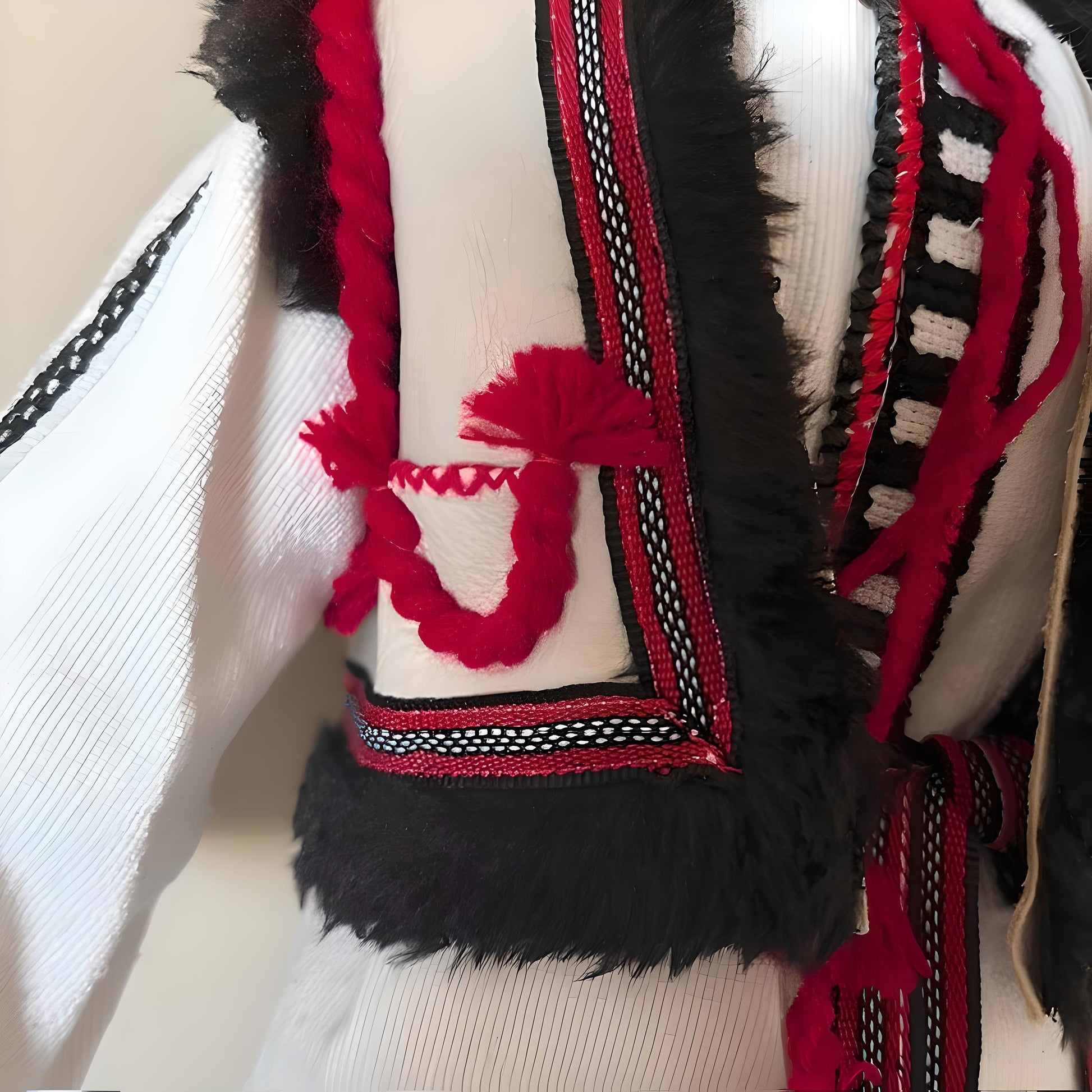 Close-up of handmade Ukrainian doll's traditional Carpathian outfit with intricate hand-embroidered details and fur trim.