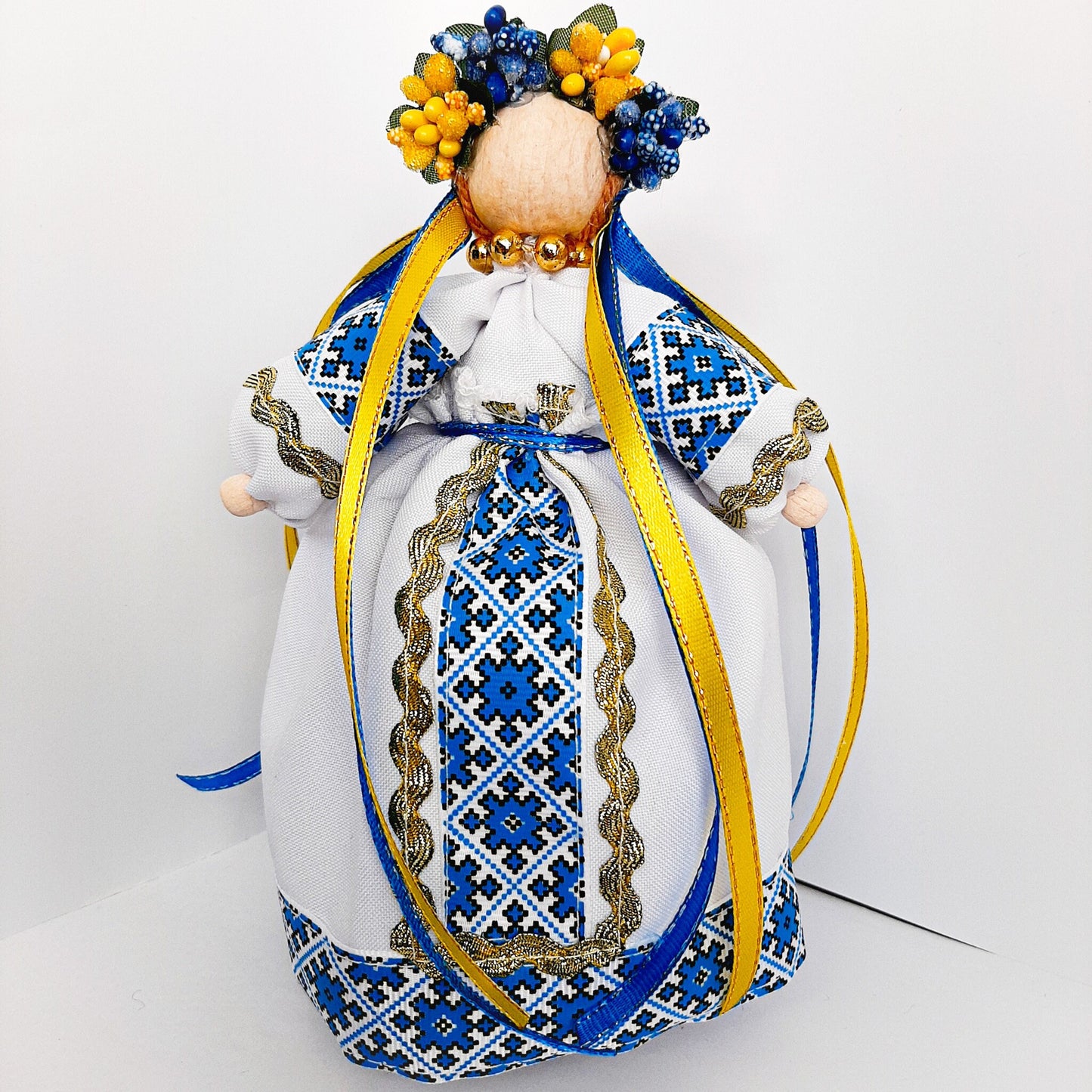 Ukrainian Motanka Doll Amulet in blue and yellow, symbolizing peace and prosperity, perfect housewarming gift for home protection.