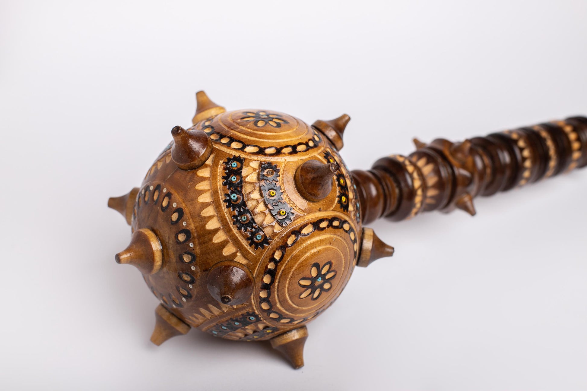 Hand-carved Ukrainian Bulava, wooden mace with intricate design, perfect souvenir or decorative gift for men.