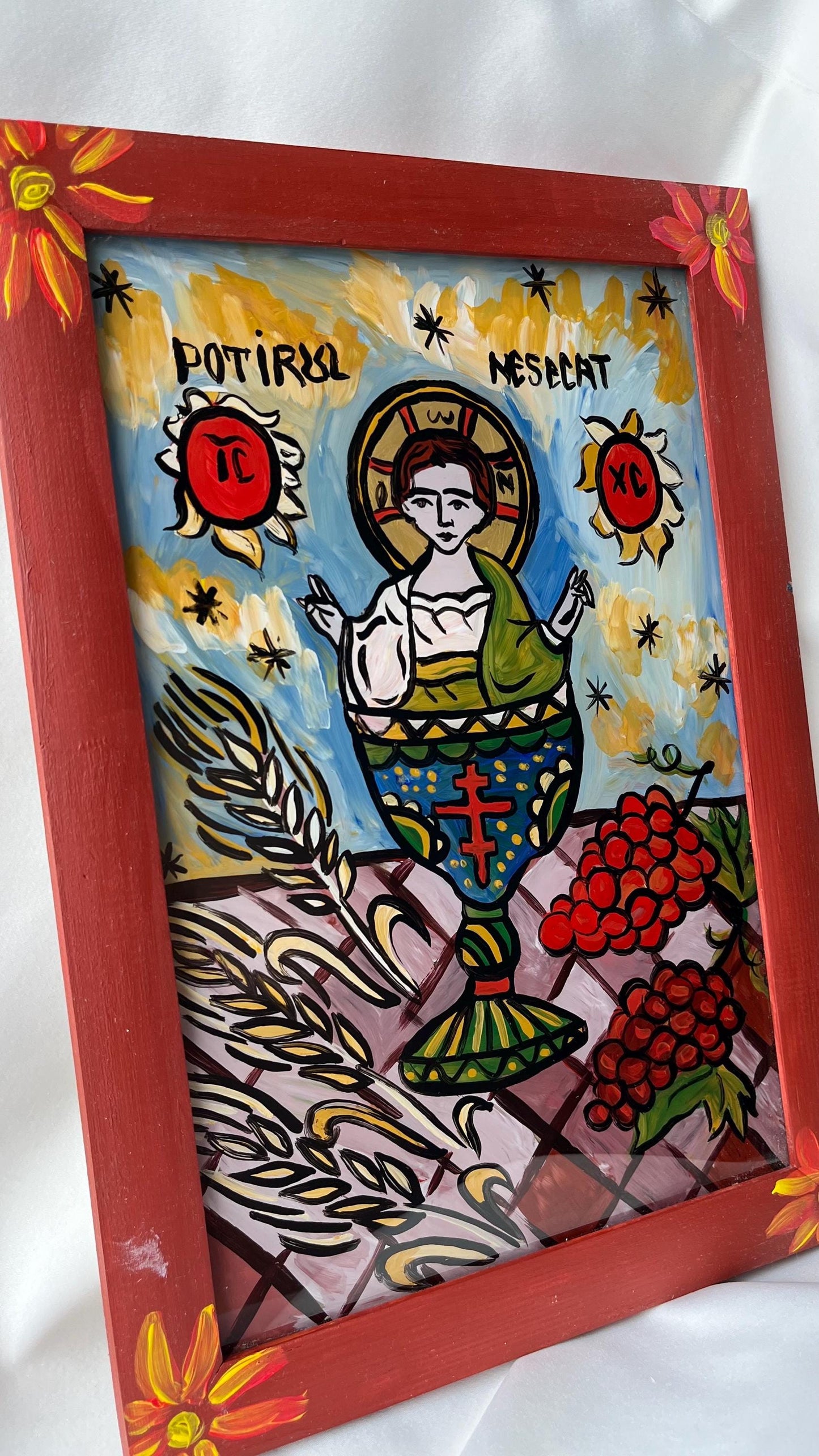 Hand-painted Theotokos of the Inexhaustible Chalice icon on glass in vibrant colors, unique Orthodox Christian art for home.