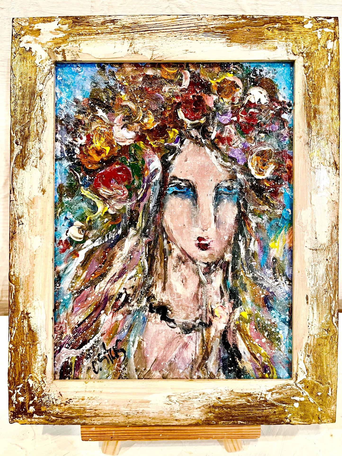 Ukrainian girl painting in ethnic wreath, contemporary folk art home decor