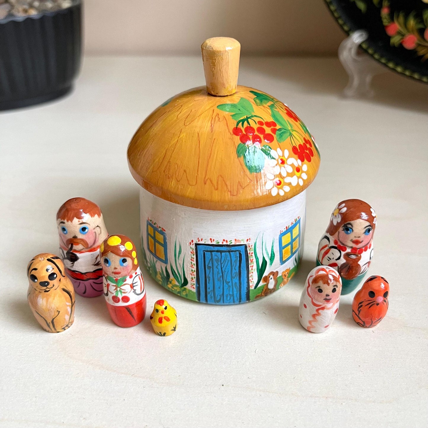 Hand-painted Ukrainian wooden house with family dolls, ethnic decor, kids room gift, fast USA shipping, Christmas toy.