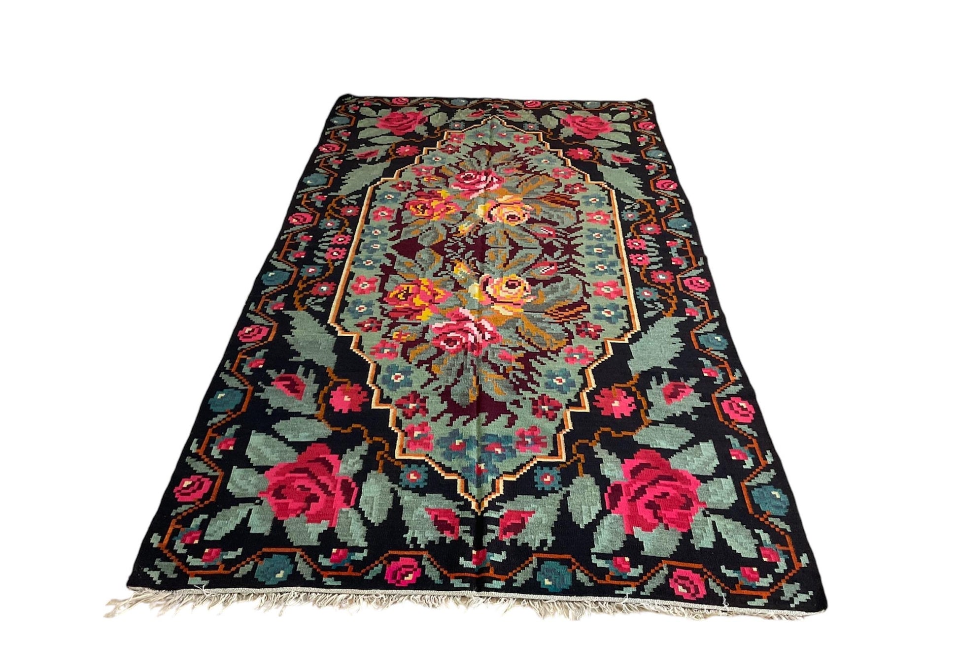 Vintage Moldovan black-green floral Kilim rug, handwoven wool, 1970s Bessarabian carpet with intricate rose and floral patterns.