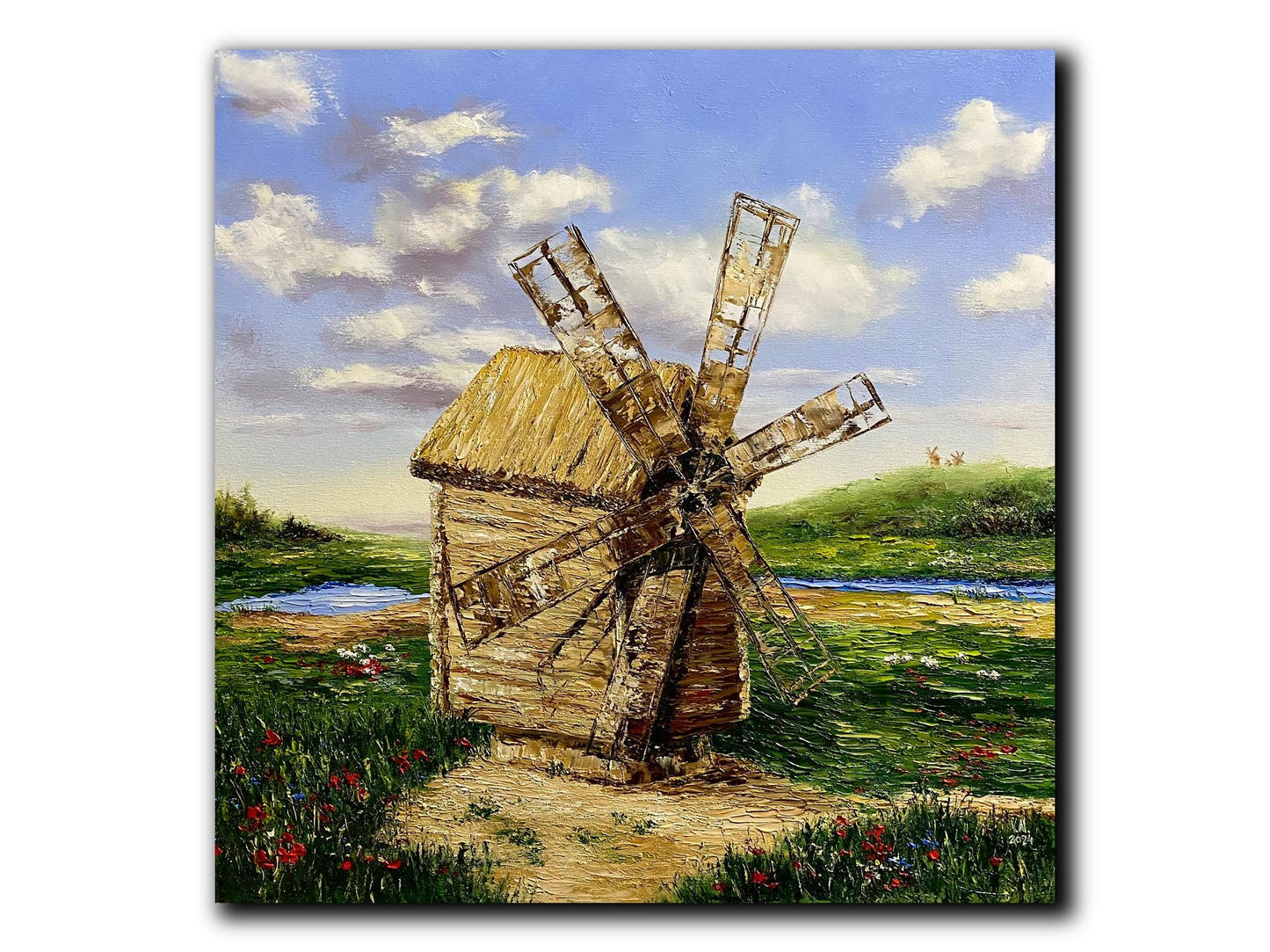 Old Ukrainian windmill original oil painting depicting a serene rural landscape under a summer sky, artwork by Volodymyr Nezdiimynoha.