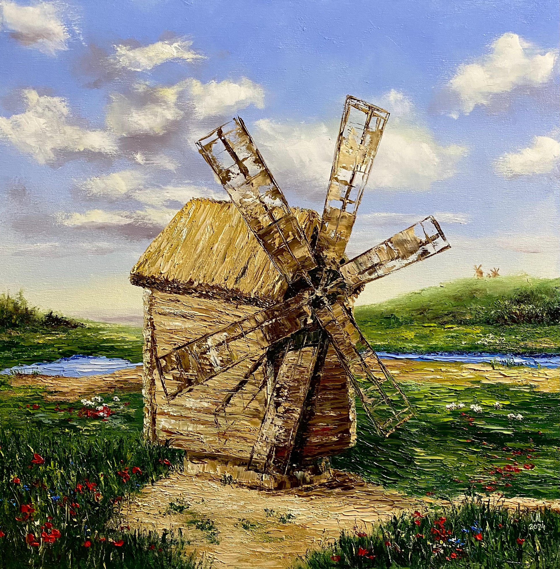 Old Ukrainian windmill oil painting with scenic rural landscape and summer sky.