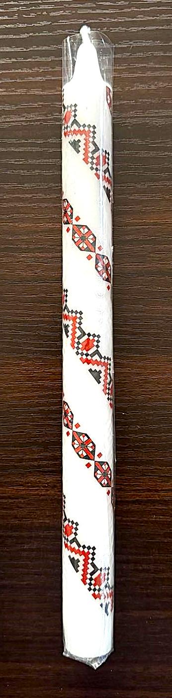 Handmade Ukrainian holiday candle with traditional red and black patterns, 10-inch taper, perfect for festive decor.