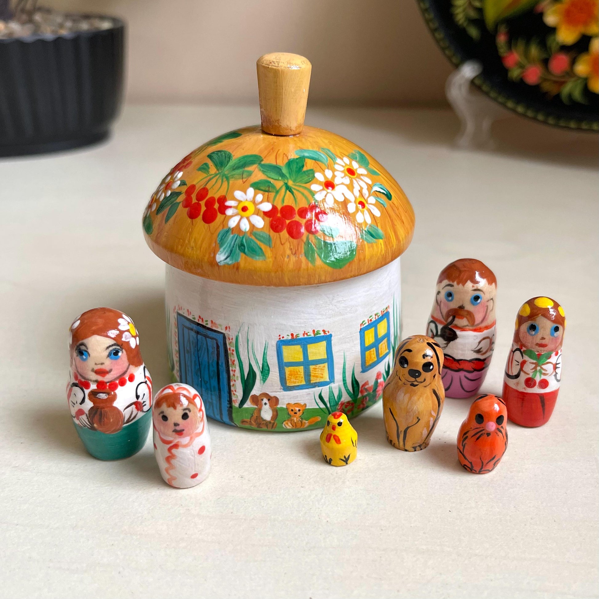 Hand-painted Ukrainian wooden house with family dolls, perfect for kids' room decor and holiday gifts. Fast USA shipping.