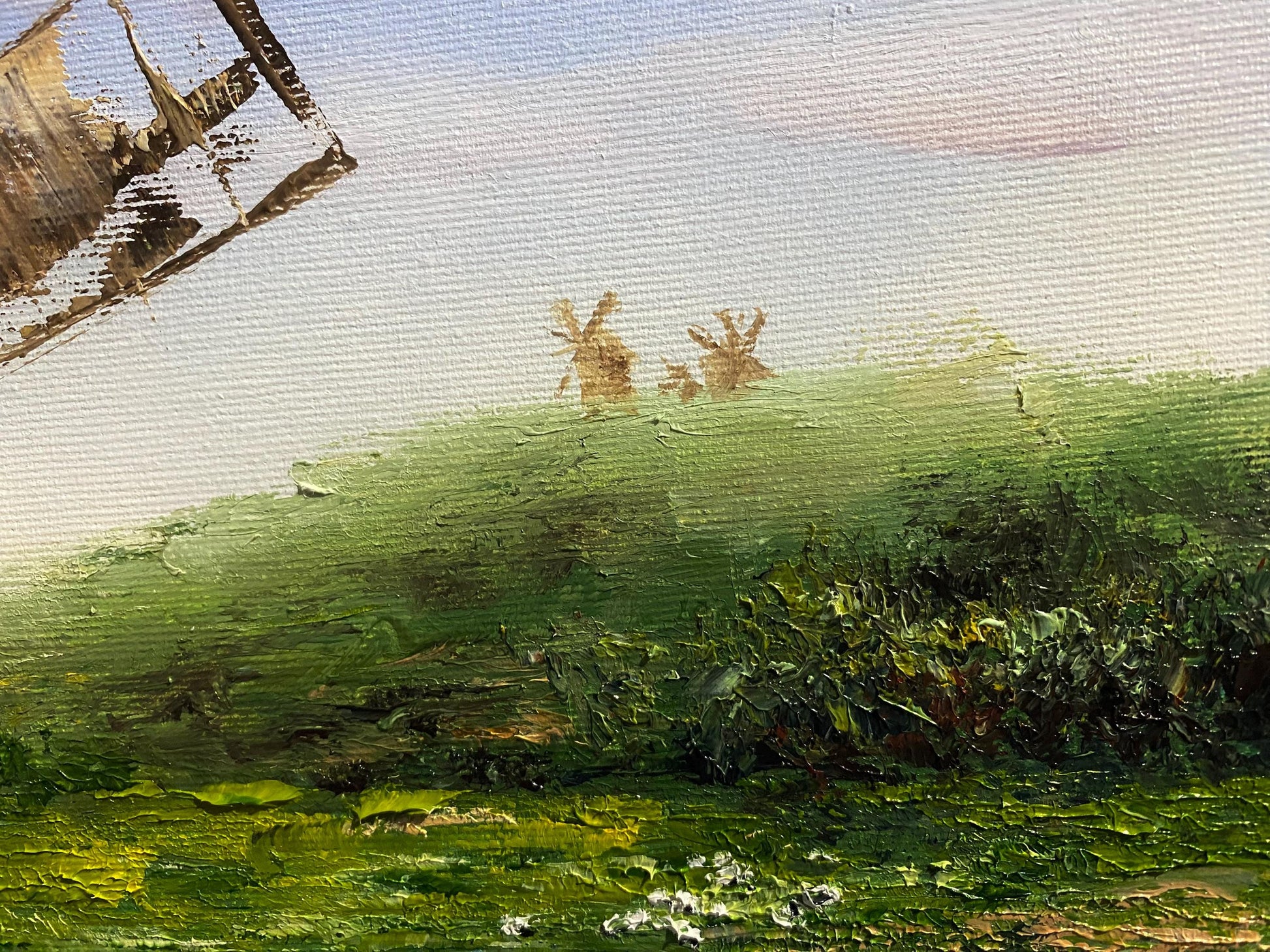 Old Ukrainian windmill oil painting depicting serene rural landscape with lush greenery and blue sky.