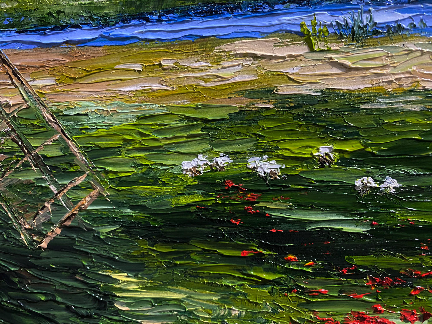 Close-up of an old Ukrainian windmill oil painting showcasing a lush green rural landscape with a serene summer day ambiance.