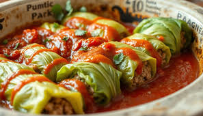 Traditional Ukrainian holubtsi stuffed cabbage rolls with rice and meat, topped with rich tomato sauce.