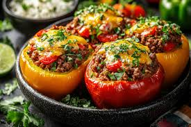 Stuffed bell peppers filled with rice and meat in a black dish, garnished with herbs. Authentic homemade Ukrainian cuisine. Frozen product.