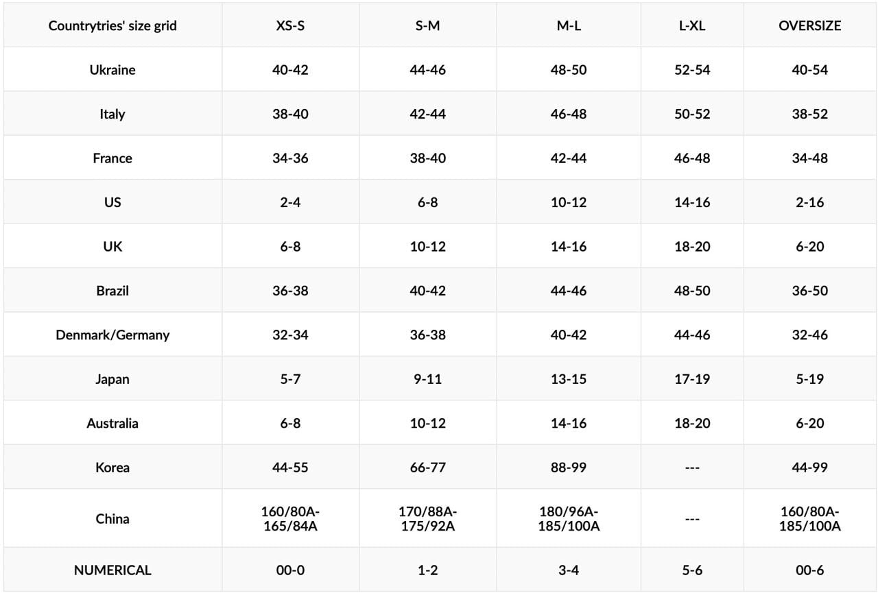 International clothing size chart comparing XS to Oversize for various countries including Ukraine, Italy, France, US, and more.