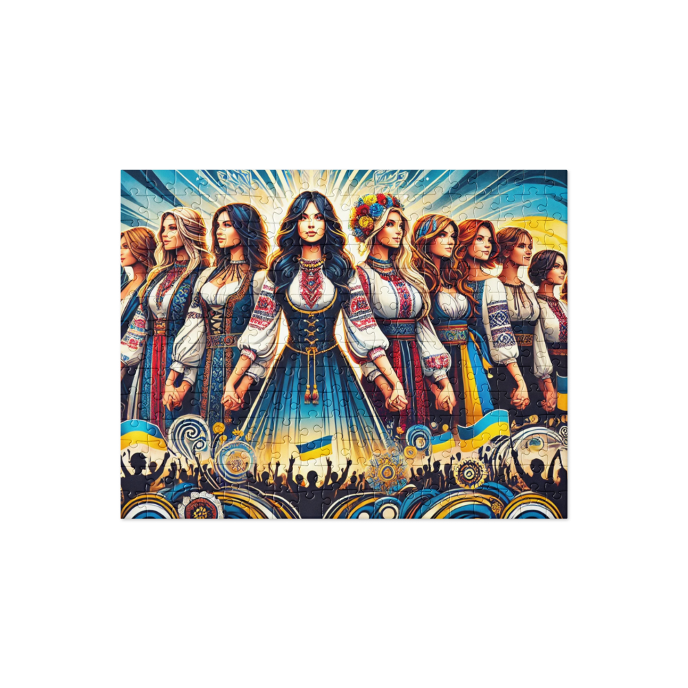 Ukrainian women united under Tryzub emblem puzzle art, celebrating strength and culture in a 252-piece jigsaw.
