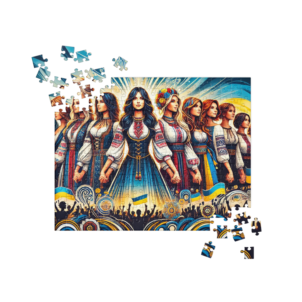 Ukrainian women unity puzzle with Tryzub emblem showcasing cultural pride and strength, 252 pieces.
