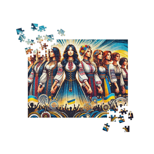 Ukrainian women unity puzzle with Tryzub emblem showcasing cultural pride and strength, 252 pieces.