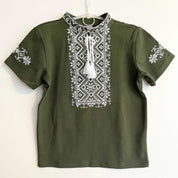 Khaki Ukrainian embroidered boy's shirt with short sleeves and geometric cross-stitch, suitable for ages 4-13.