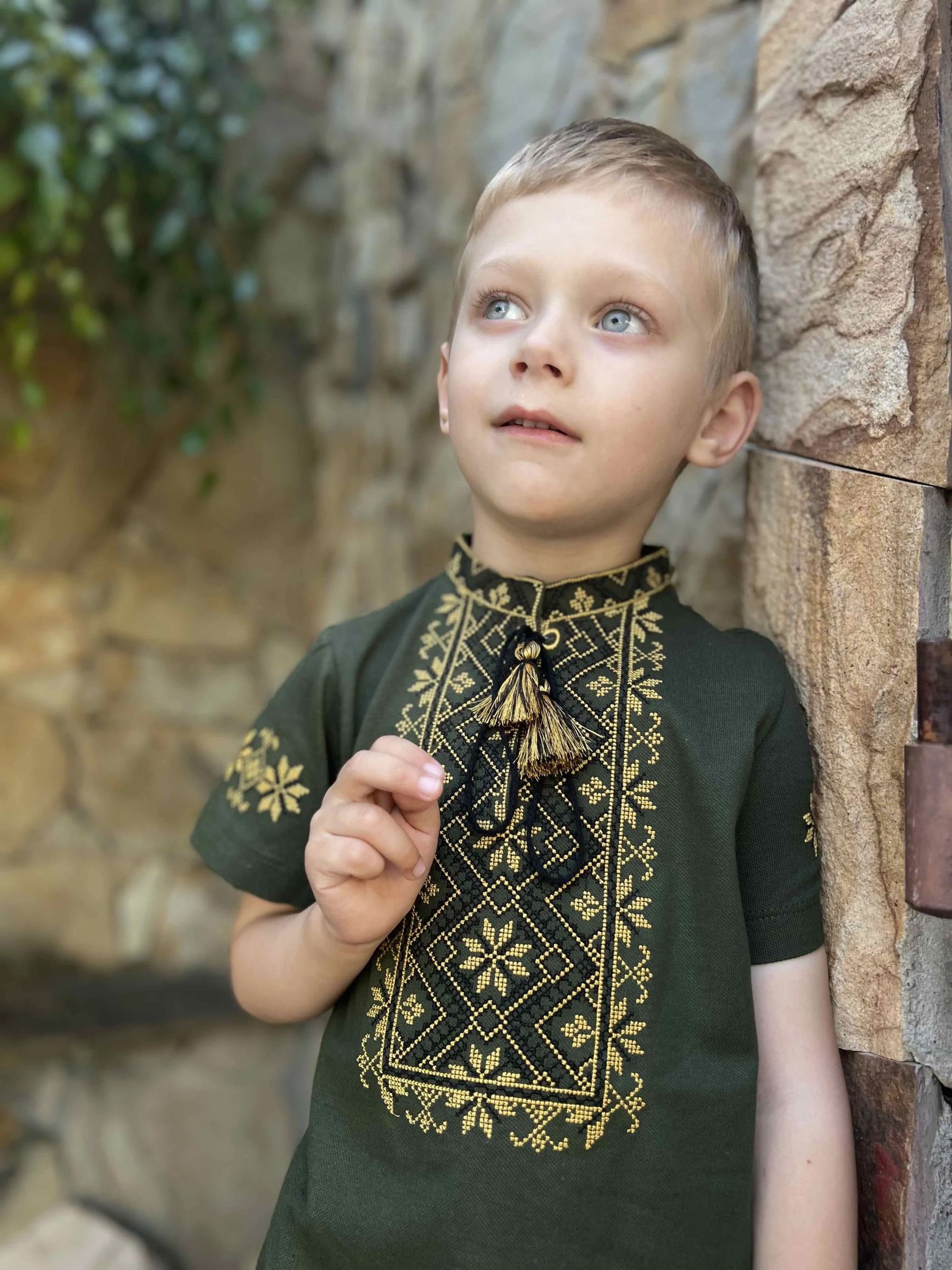 Boy wearing a khaki Ukrainian embroidered shirt with short sleeves and geometric cross-stitch design, standing outdoors.