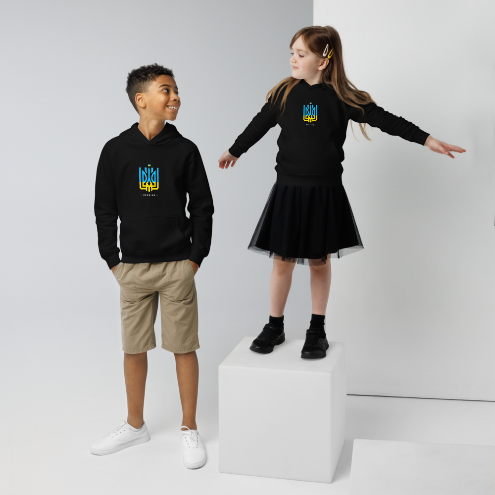 eco-friendly kids hoodie,kids eco hoodie,kids sustainable hoodie,organic cotton hoodie,premium kids hoodie,recycled polyester hoodie,soft cotton hoodie for kids,Trizub emblem sweatshirt,Ukrainian emblem hoodie,Ukrainian pride clothing,Ukrainian symbol clo