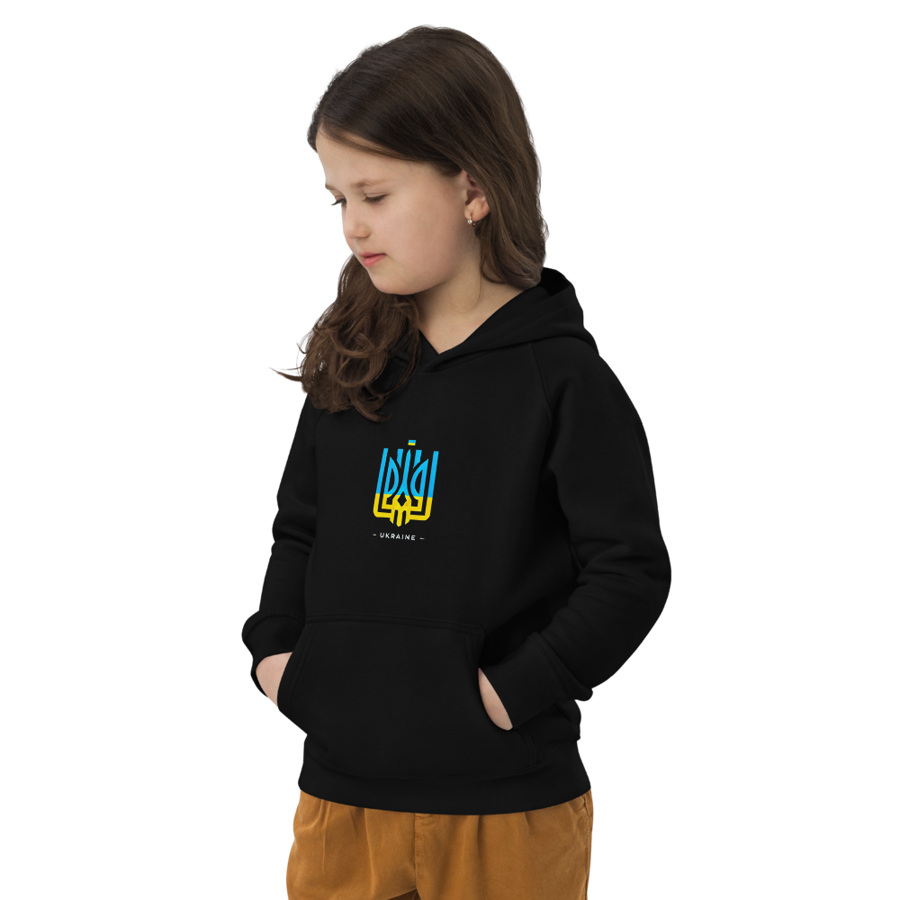 eco-friendly kids hoodie,kids eco hoodie,kids sustainable hoodie,organic cotton hoodie,premium kids hoodie,recycled polyester hoodie,soft cotton hoodie for kids,Trizub emblem sweatshirt,Ukrainian emblem hoodie,Ukrainian pride clothing,Ukrainian symbol clo