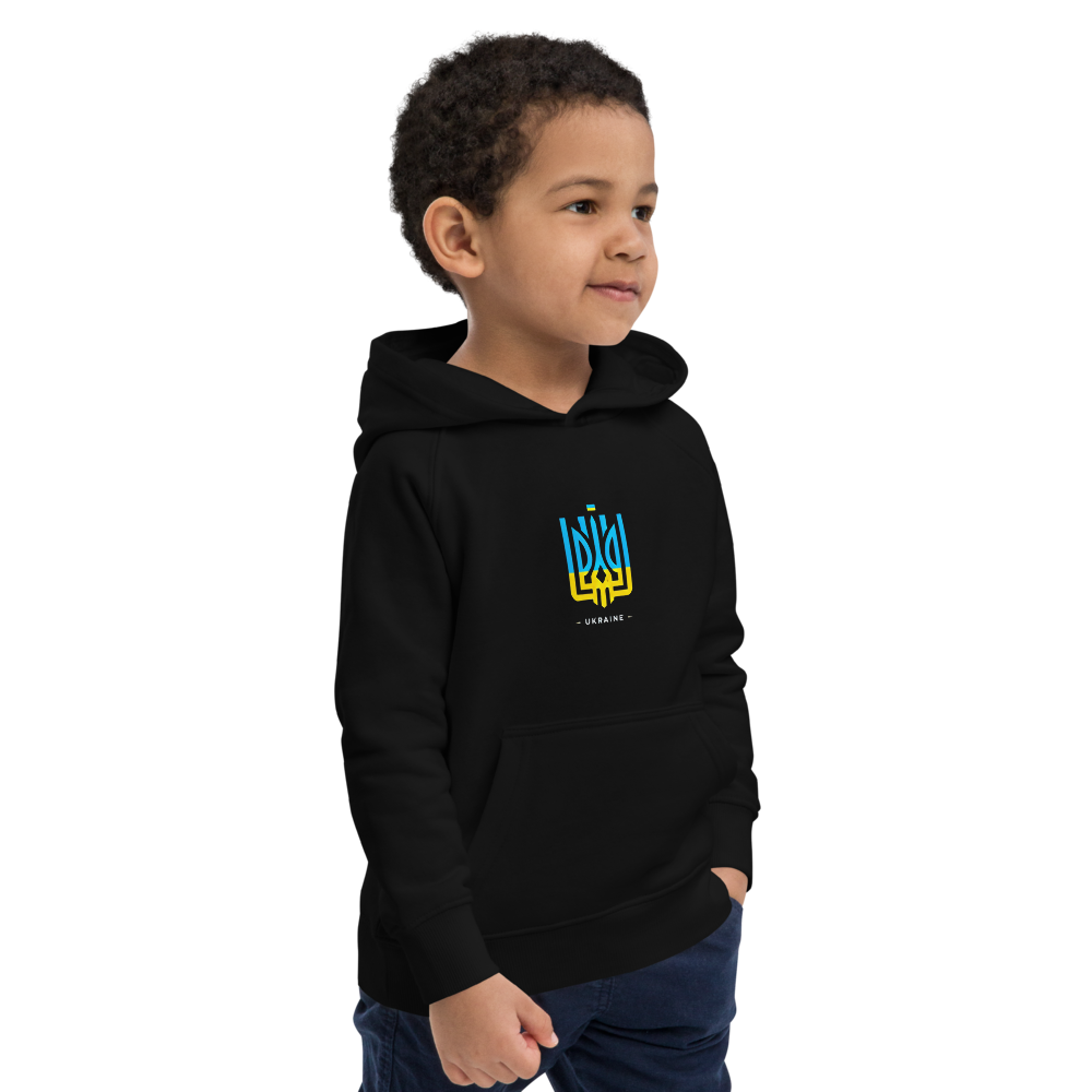 eco-friendly kids hoodie,kids eco hoodie,kids sustainable hoodie,organic cotton hoodie,premium kids hoodie,recycled polyester hoodie,soft cotton hoodie for kids,Trizub emblem sweatshirt,Ukrainian emblem hoodie,Ukrainian pride clothing,Ukrainian symbol clo