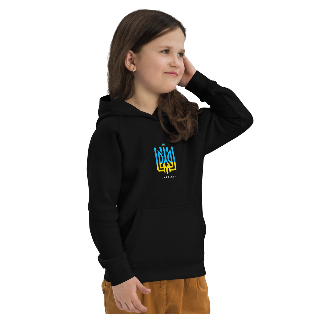 eco-friendly kids hoodie,kids eco hoodie,kids sustainable hoodie,organic cotton hoodie,premium kids hoodie,recycled polyester hoodie,soft cotton hoodie for kids,Trizub emblem sweatshirt,Ukrainian emblem hoodie,Ukrainian pride clothing,Ukrainian symbol clo