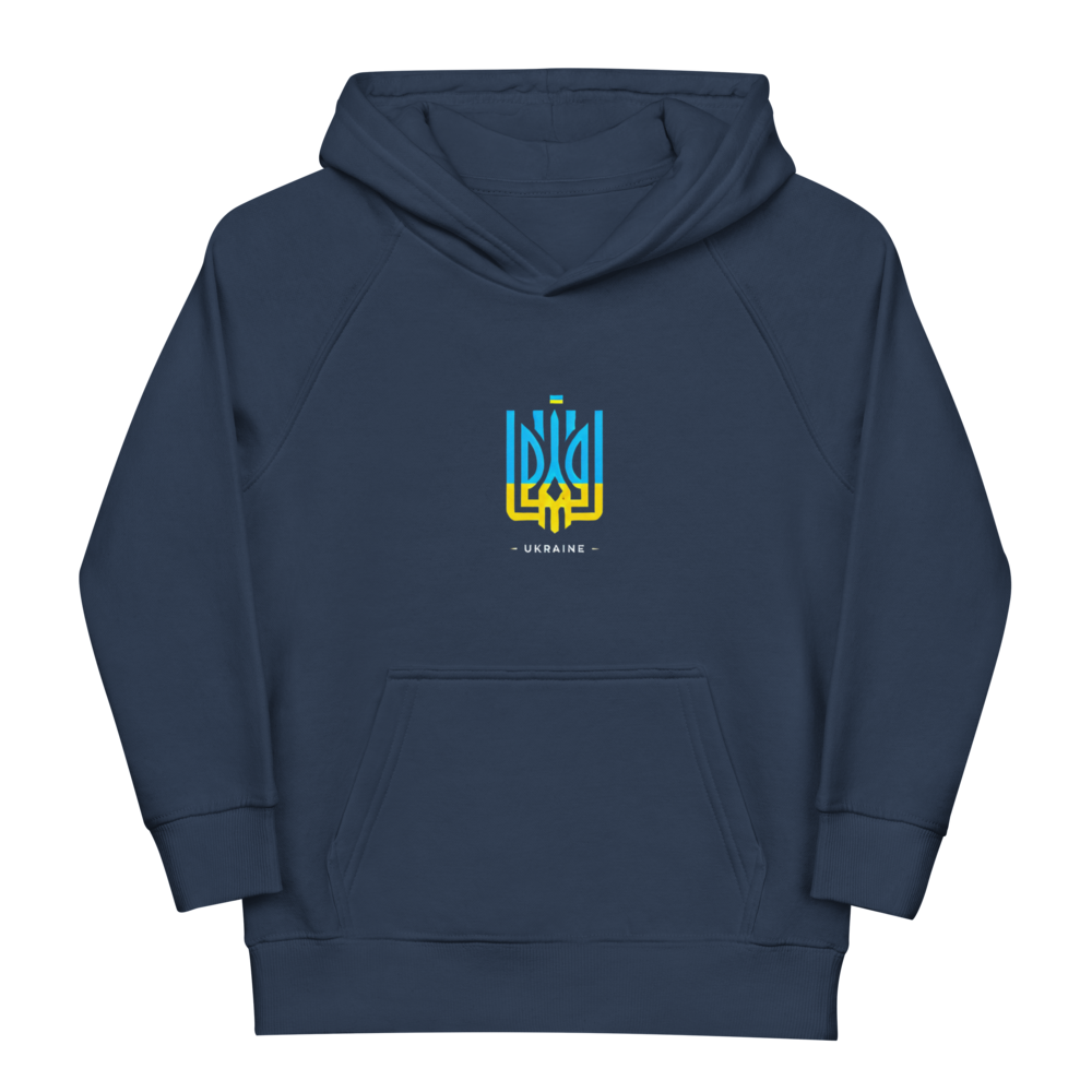 eco-friendly kids hoodie,kids eco hoodie,kids sustainable hoodie,organic cotton hoodie,premium kids hoodie,recycled polyester hoodie,soft cotton hoodie for kids,Trizub emblem sweatshirt,Ukrainian emblem hoodie,Ukrainian pride clothing,Ukrainian symbol clo
