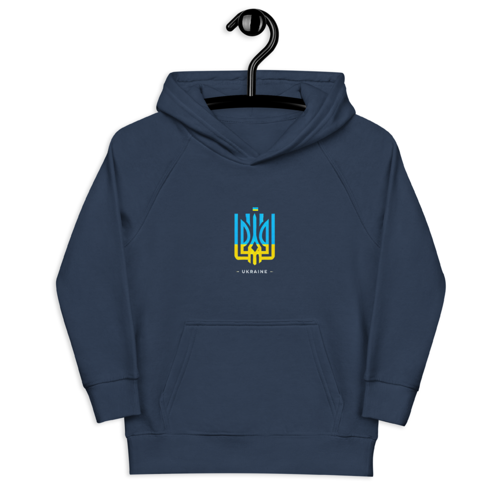 eco-friendly kids hoodie,kids eco hoodie,kids sustainable hoodie,organic cotton hoodie,premium kids hoodie,recycled polyester hoodie,soft cotton hoodie for kids,Trizub emblem sweatshirt,Ukrainian emblem hoodie,Ukrainian pride clothing,Ukrainian symbol clo