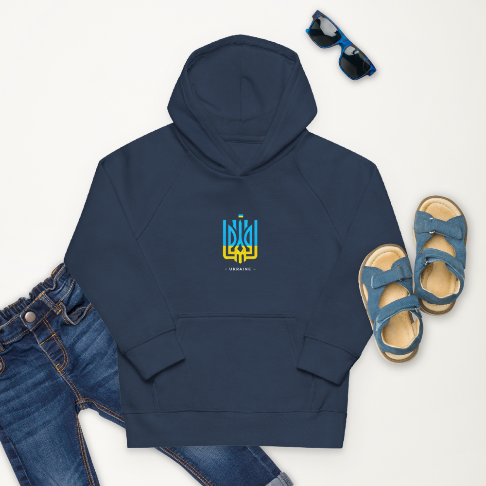 eco-friendly kids hoodie,kids eco hoodie,kids sustainable hoodie,organic cotton hoodie,premium kids hoodie,recycled polyester hoodie,soft cotton hoodie for kids,Trizub emblem sweatshirt,Ukrainian emblem hoodie,Ukrainian pride clothing,Ukrainian symbol clo