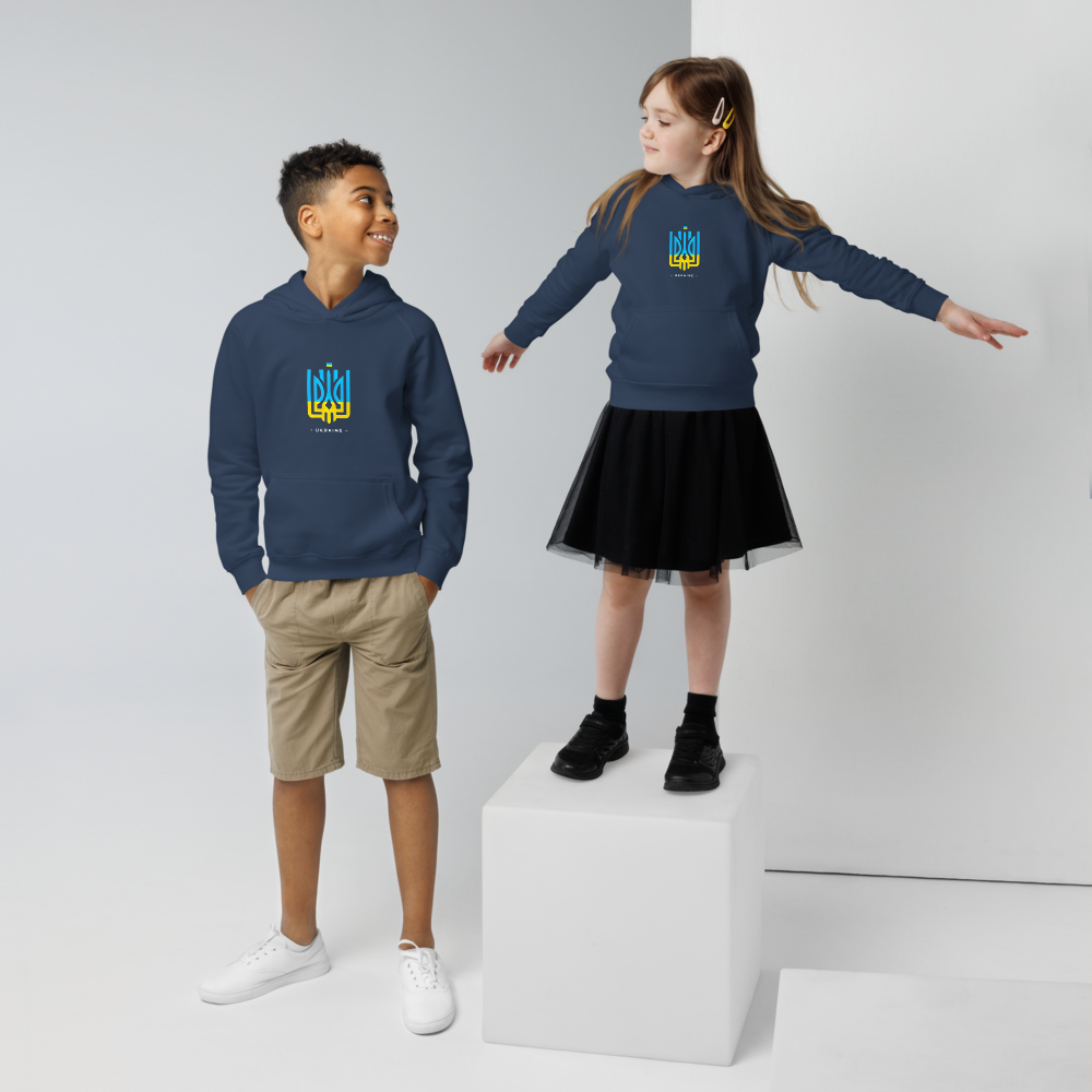 eco-friendly kids hoodie,kids eco hoodie,kids sustainable hoodie,organic cotton hoodie,premium kids hoodie,recycled polyester hoodie,soft cotton hoodie for kids,Trizub emblem sweatshirt,Ukrainian emblem hoodie,Ukrainian pride clothing,Ukrainian symbol clo