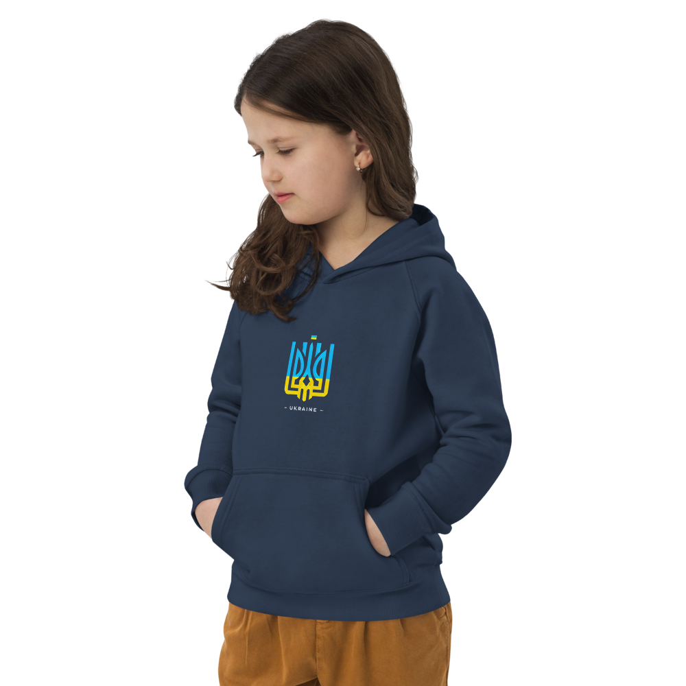 eco-friendly kids hoodie,kids eco hoodie,kids sustainable hoodie,organic cotton hoodie,premium kids hoodie,recycled polyester hoodie,soft cotton hoodie for kids,Trizub emblem sweatshirt,Ukrainian emblem hoodie,Ukrainian pride clothing,Ukrainian symbol clo