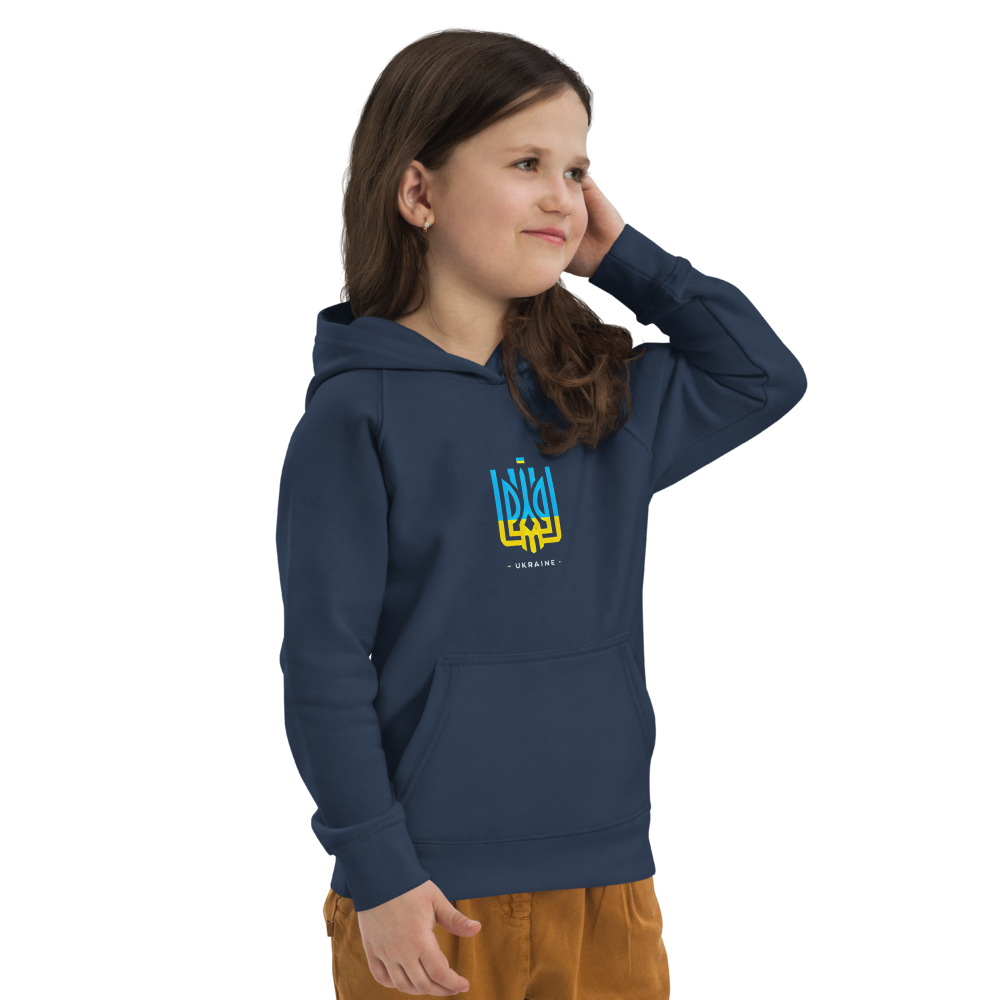 eco-friendly kids hoodie,kids eco hoodie,kids sustainable hoodie,organic cotton hoodie,premium kids hoodie,recycled polyester hoodie,soft cotton hoodie for kids,Trizub emblem sweatshirt,Ukrainian emblem hoodie,Ukrainian pride clothing,Ukrainian symbol clo