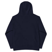 Kids fleece hoodie, back view in navy blue, soft and cozy fabric, durable with elastic cuffs and waistband, perfect for adventures.