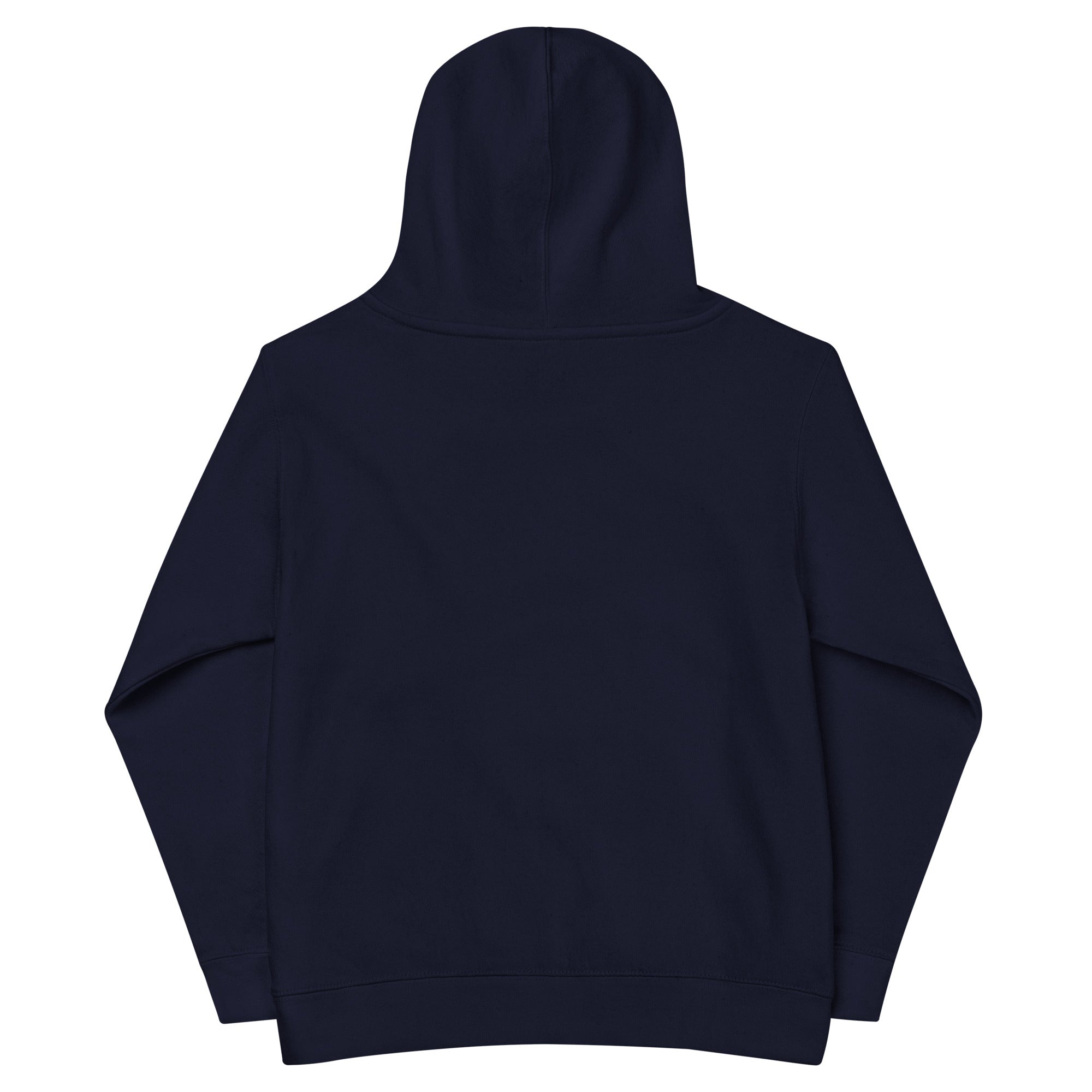 Kids fleece hoodie, back view in navy blue, soft and cozy fabric, durable with elastic cuffs and waistband, perfect for adventures.