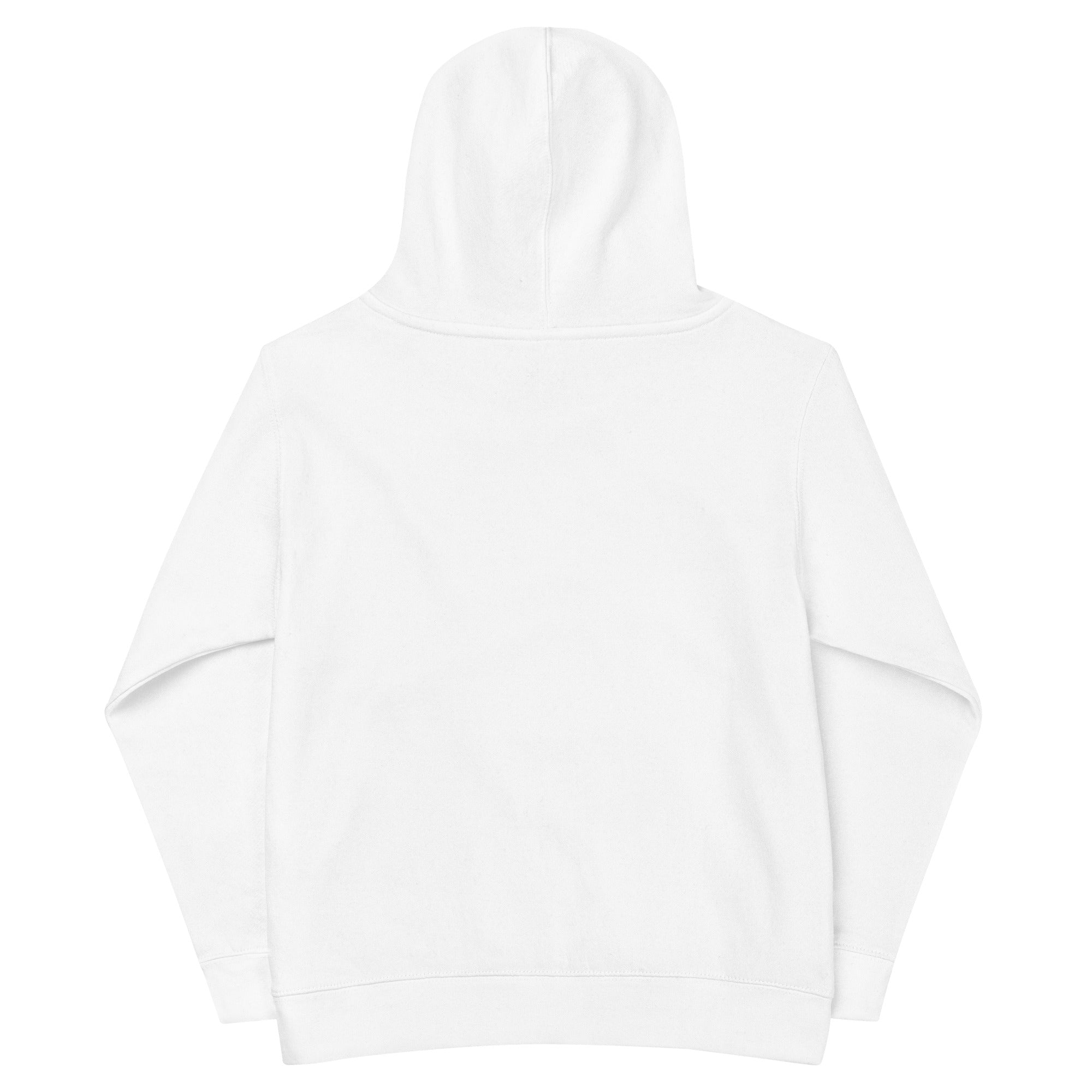 Back view of kids fleece hoodie with hood, showcasing durable design and elastic cuffs for comfort and long-lasting performance.