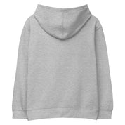 Gray kids fleece hoodie with a hood and elastic cuffs, shown from the back.