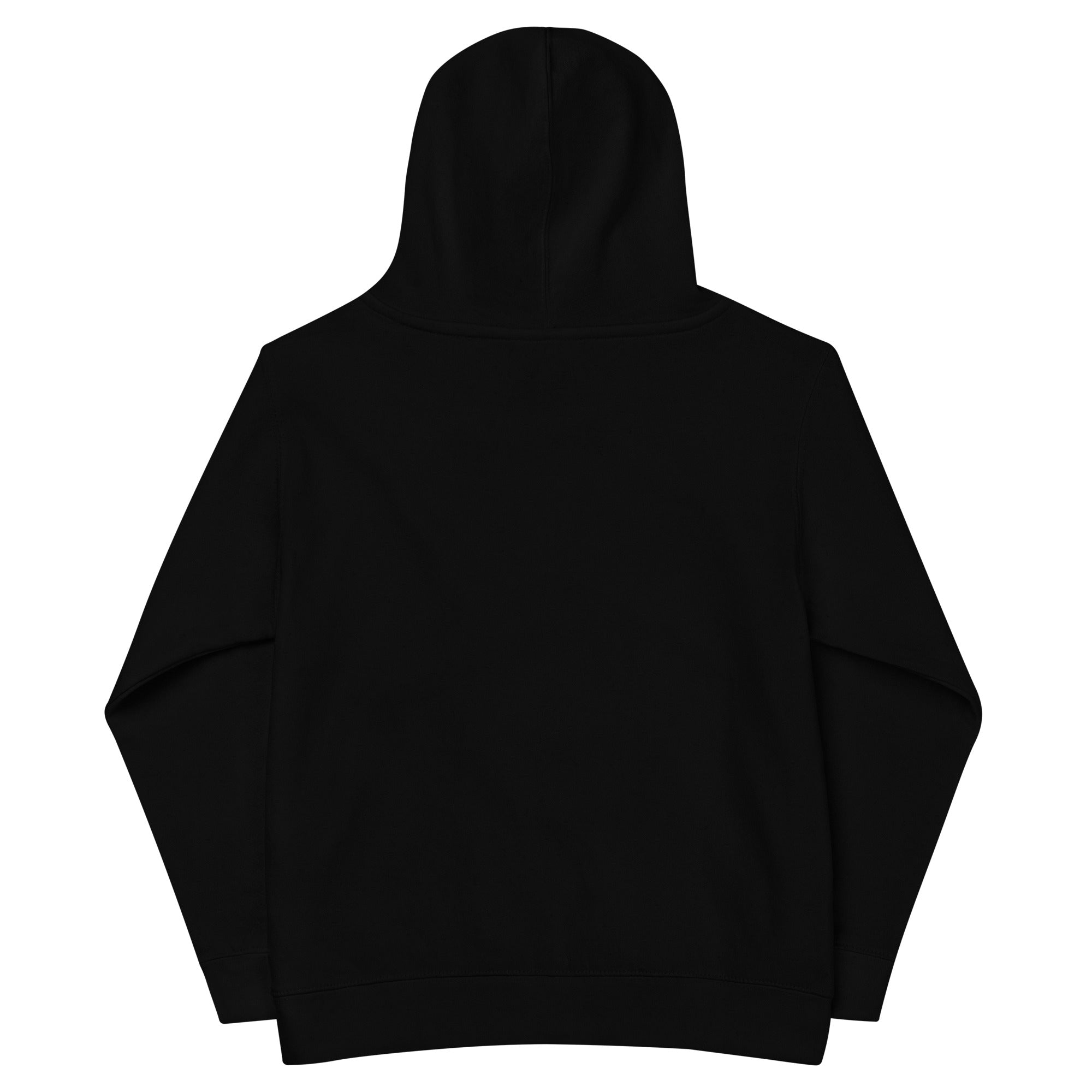 Back view of black kids fleece hoodie with hood and elastic cuffs.