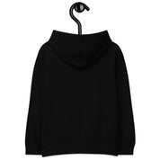 Back view of black kids fleece hoodie with hood and elastic cuffs on a hanger.