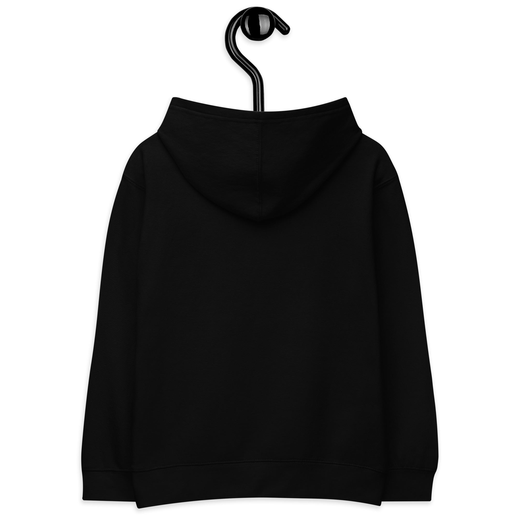 Back view of black kids fleece hoodie with hood and elastic cuffs on a hanger.