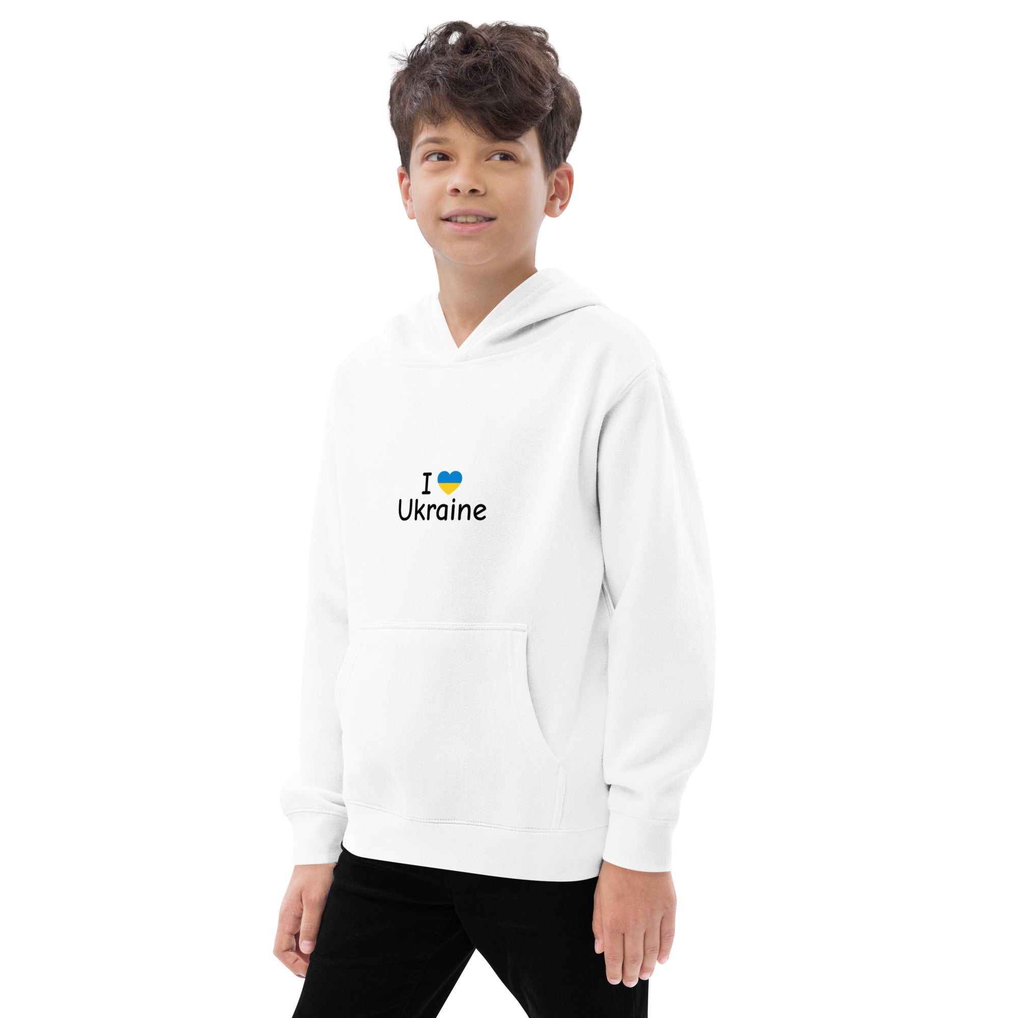 Kid wearing "I Love Ukraine" fleece hoodie, showcasing soft and cozy design for children's adventures.