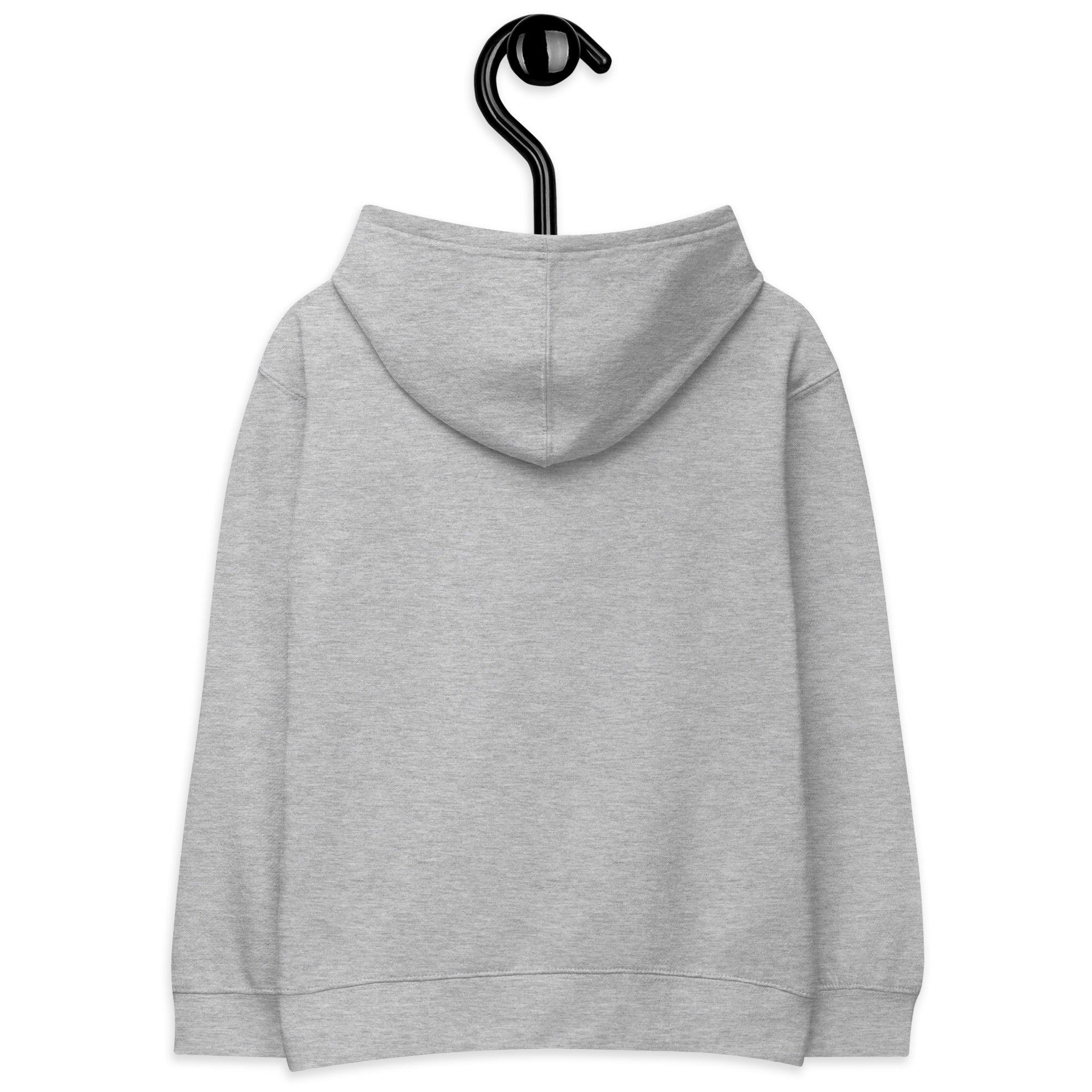 Kids gray fleece hoodie on hanger with hood view, 65% cotton, 35% polyester, soft and cozy, elastic cuffs and waistband for durability.