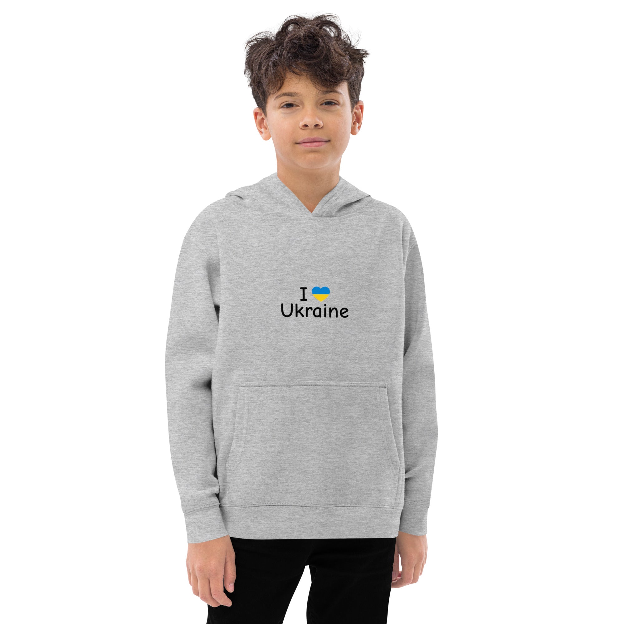 Kids grey fleece hoodie featuring "I Love Ukraine" design, soft and cozy, perfect for everyday adventures.
