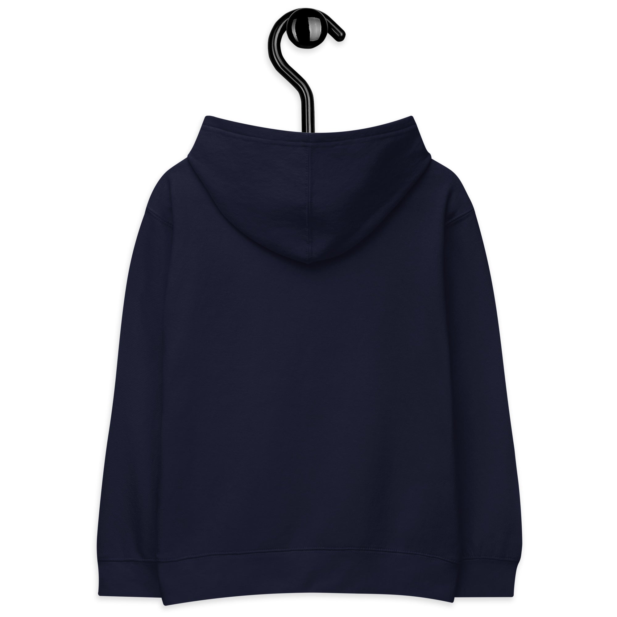 Kids navy fleece hoodie with hood, shown from the back on hanger, made from 65% cotton and 35% polyester for comfort and durability.