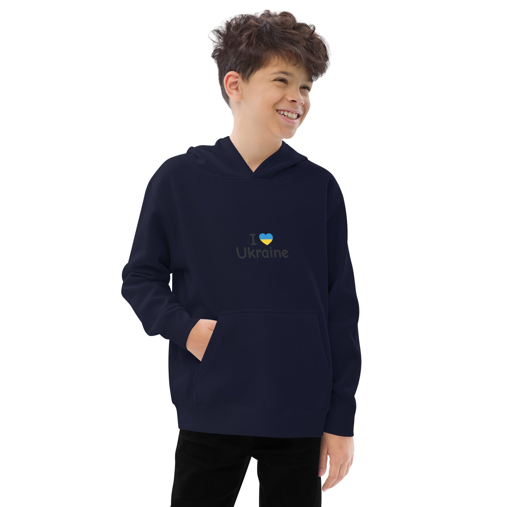 Boy wearing a navy kids fleece hoodie with "I Love Ukraine" print, featuring elastic cuffs and waistband for comfort.