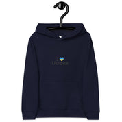 Navy kids fleece hoodie with "I Love Ukraine" design, featuring soft material, elastic cuffs, and a cozy fit for adventures.