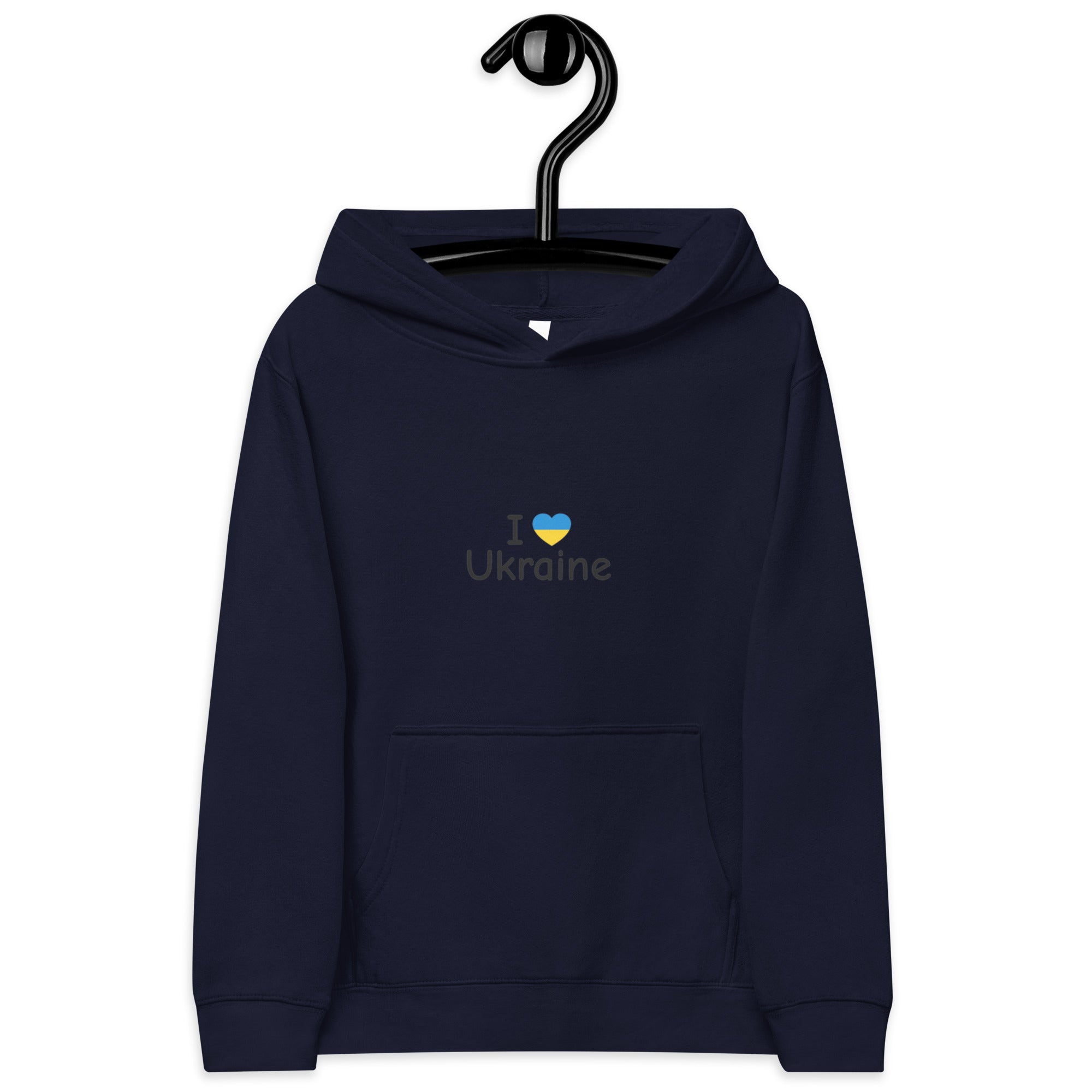 Navy kids fleece hoodie with "I Love Ukraine" design, featuring soft material, elastic cuffs, and a cozy fit for adventures.